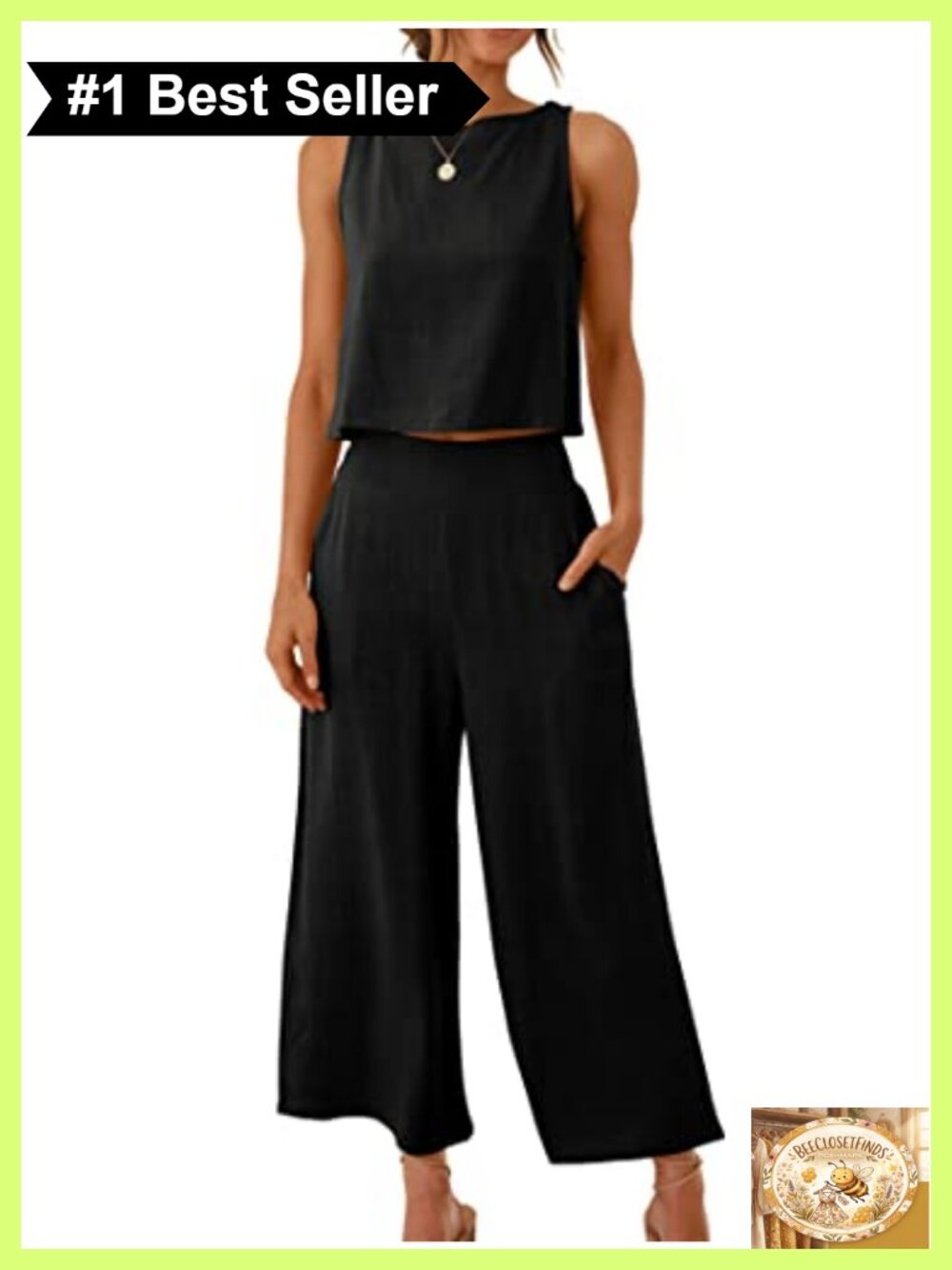 2 Piece Linen Set Sleeveless Crop Top Wide Leg Cropped Pants Summer